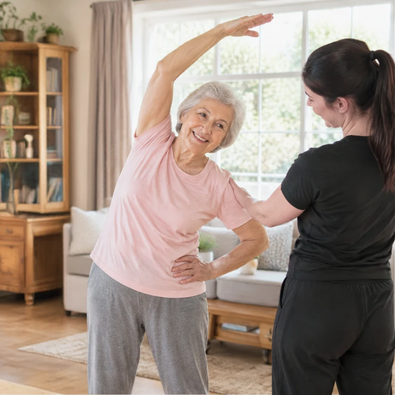 Personal trainer supporting an older adult through a gentle side stretch at home